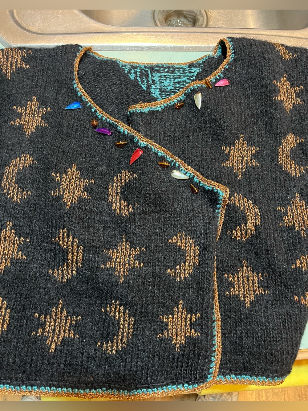 Black soft Mohair shrug with Gold Star & Crescent Motif